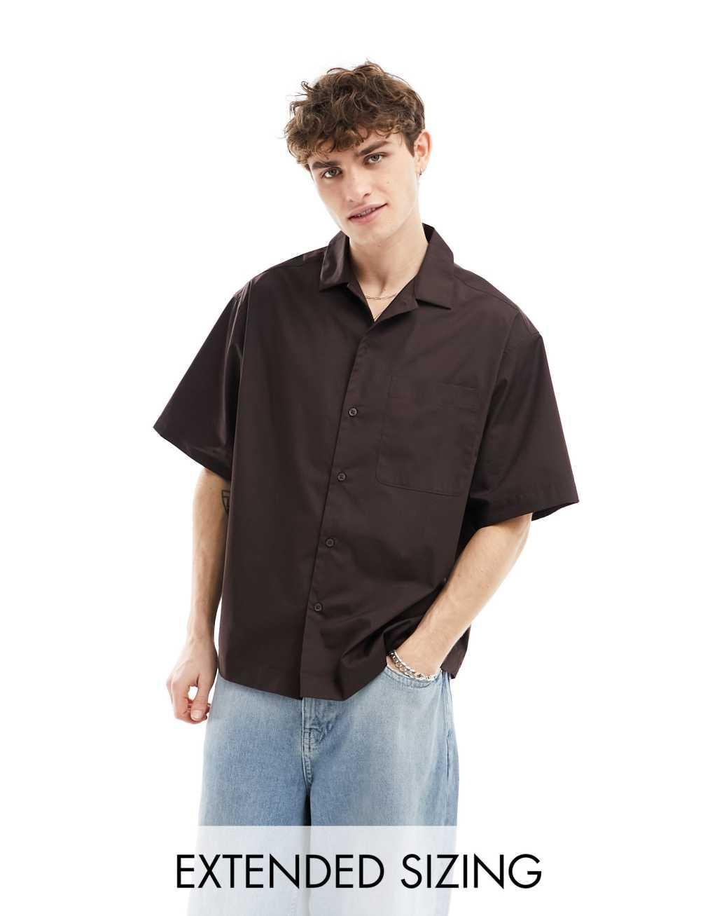 ASOS DESIGN short sleeve oversized poplin shirt in dark brown Product Image