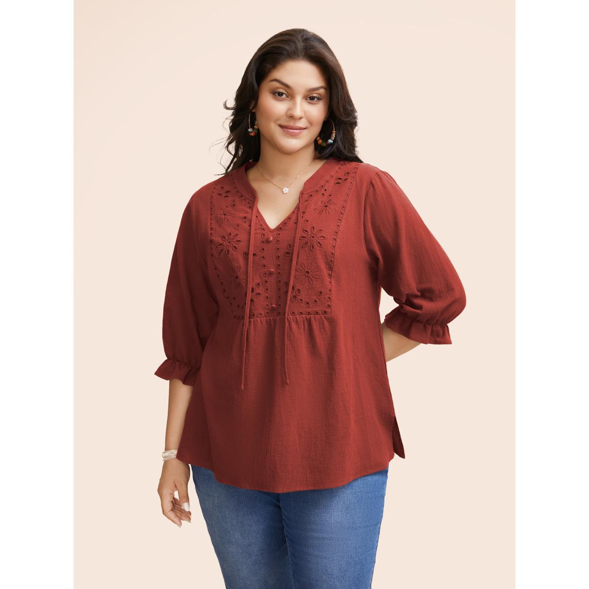 Plus Size Russet Broderie Anglaise Tie Knot Lantern Sleeve Blouse Women Boho Elbow-length sleeve Notched collar Vacation Blouses BloomChic 28/5X Product Image
