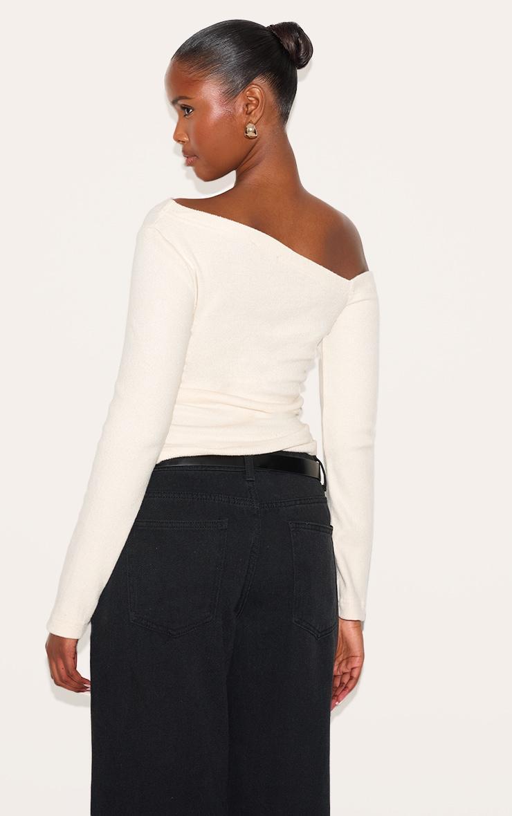 Cream Rib Slouchy Asymmetric Ruched Long Sleeve Top Product Image