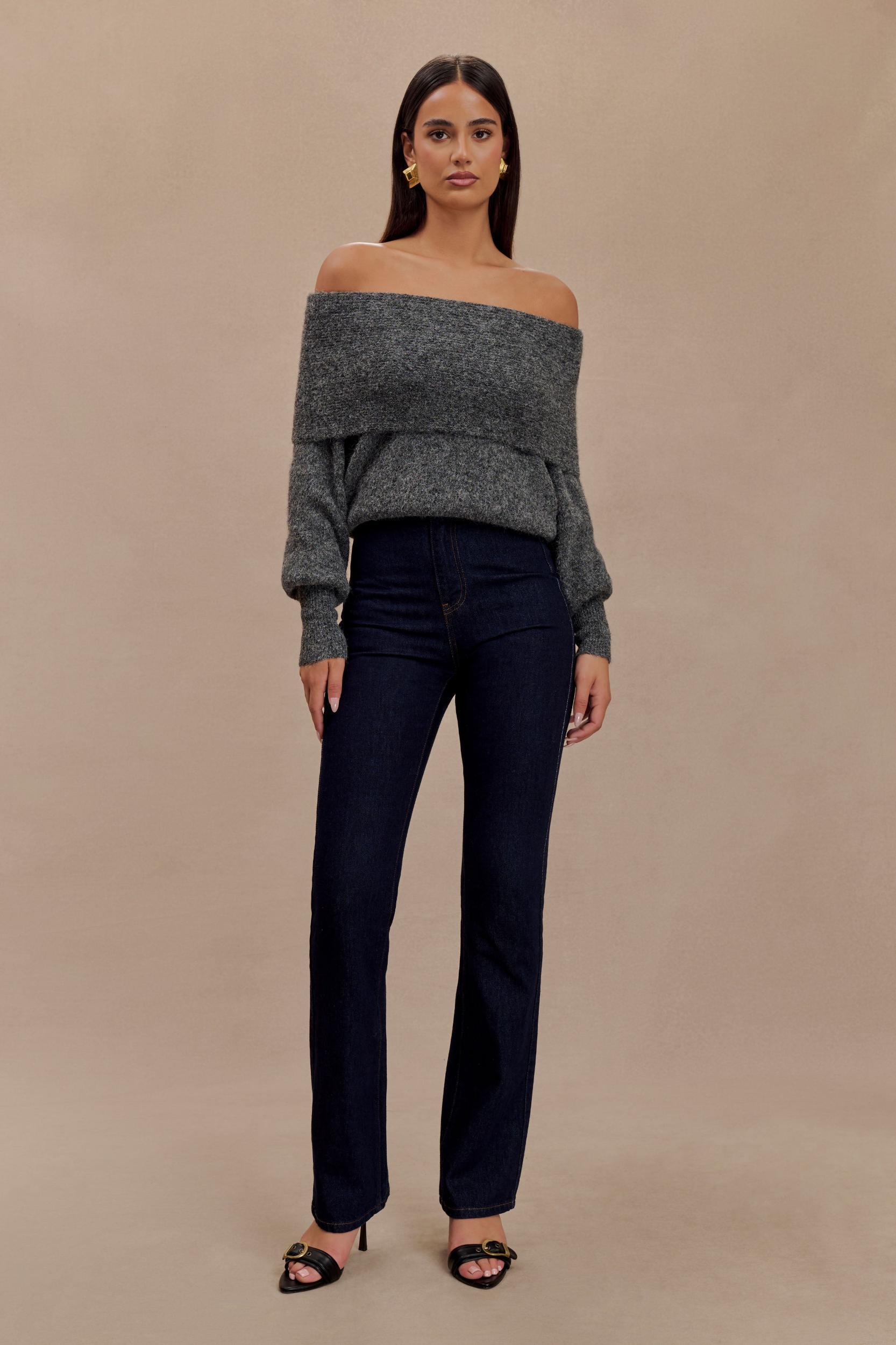 Charlotte Off Shoulder Knit Long Sleeve Top - Charcoal Marle Product Image