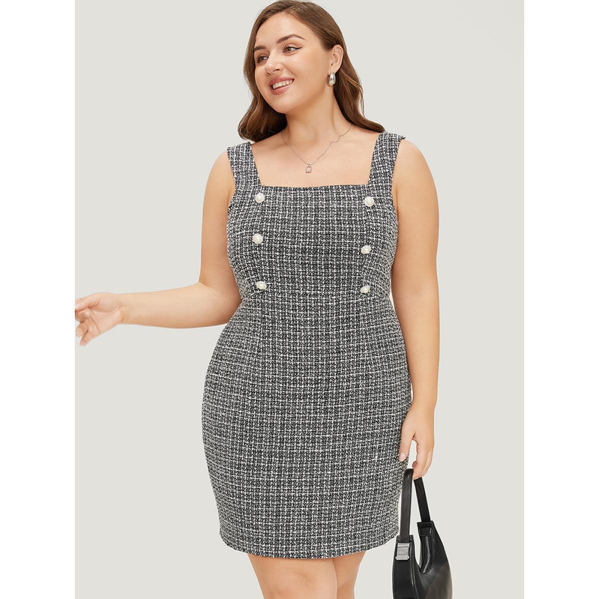 Plus Size Plaid Tweed Zipper Pearl Beaded Tank Dress Black Women Office Zipper Square Neck Sleeveless Curvy Short Dress BloomChic 22-24/3X Product Image