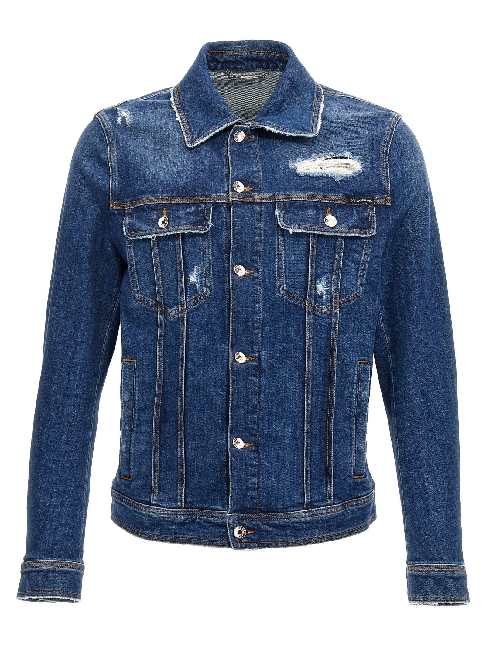 Distressed Stretch Cotton Denim Jacket In Blue Product Image