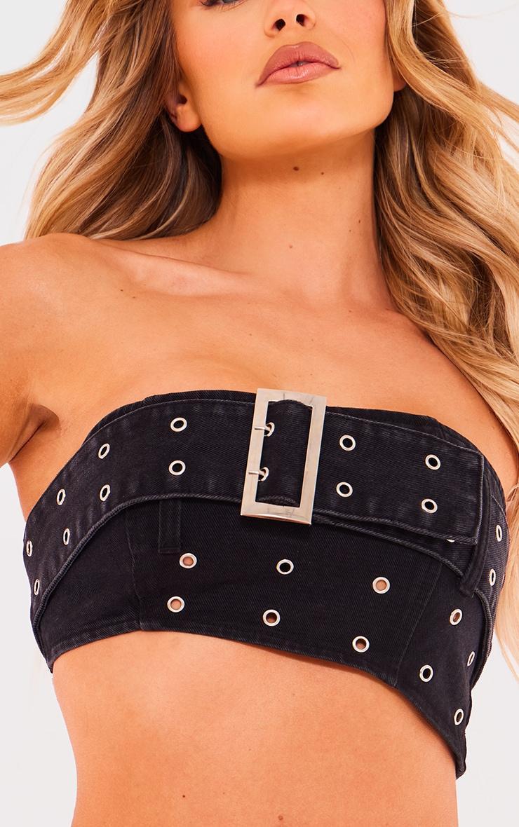 Washed Black Belt Detail Denim Bandeau Crop Top Product Image