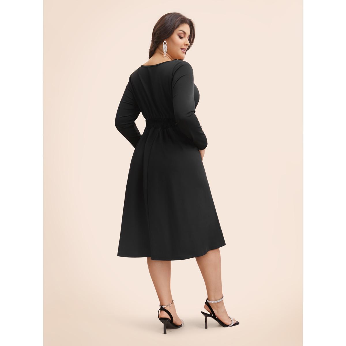 Plus Size Square Neck Shirred Rhinestone Midi Dress Black Women Cocktail Rhinestone detailing Party Curvy Bloomchic 30/6X Product Image