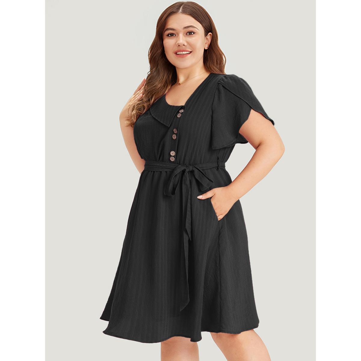 Plus Size Solid Irregular Neck Pocket Button Detail Petal Sleeve Dress Black Women Office Button Asymmetrical Neck Short sleeve Curvy Knee Dress BloomChic 26/4X Product Image