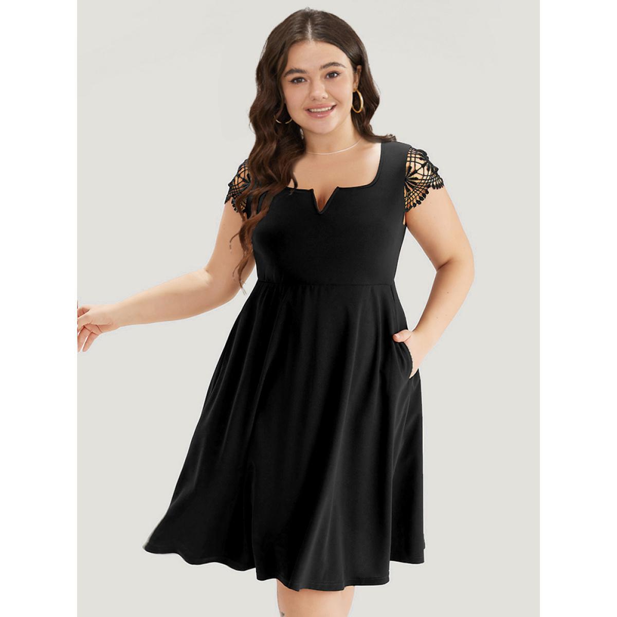 Plus Size Solid Notched Pocket Cut Out Patchwork Dress Black Women Office Patchwork Notched collar Sleeveless Curvy Midi Dress BloomChic 18-20/2X Product Image