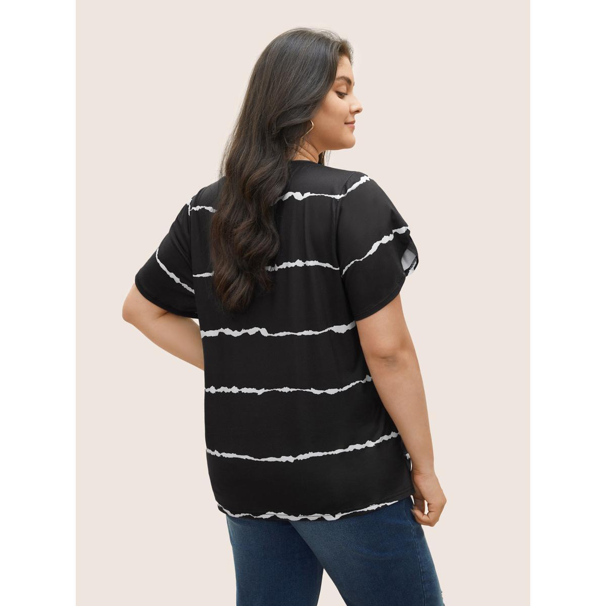 Plus Size Striped Contrast Petal Sleeve T-shirt Black Women Elegant Striped Everyday T-shirts BloomChic 22-24/3X Product Image