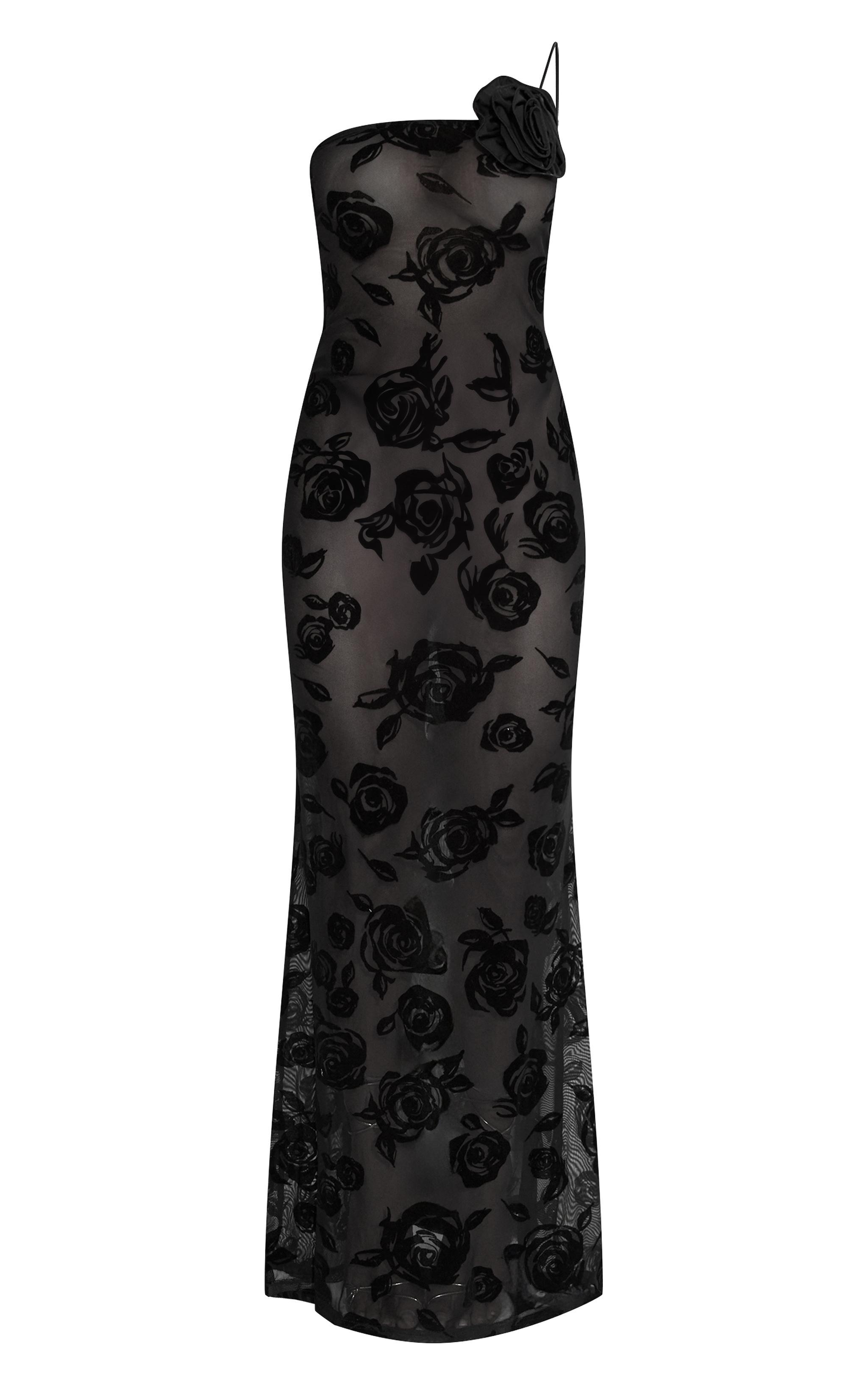 Black Floral Mesh One Shoulder Maxi Dress Product Image