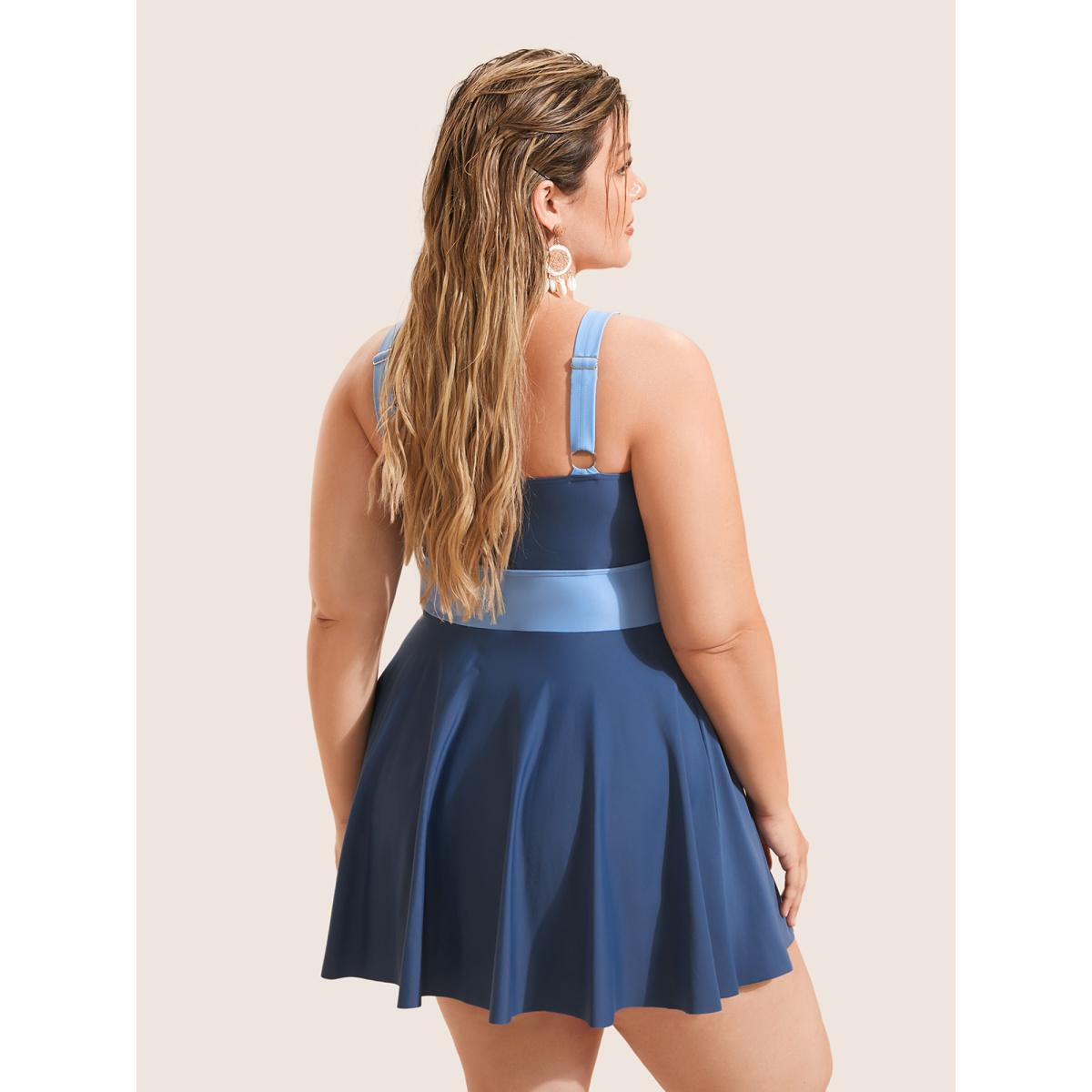 Plus Size Two Tone Patchwork Gathered Swim Dress Women's Swimwear Aegean Beach Bodycon V-neck High stretch Curve Swim Dresses BloomChic 14-16/1X Product Image