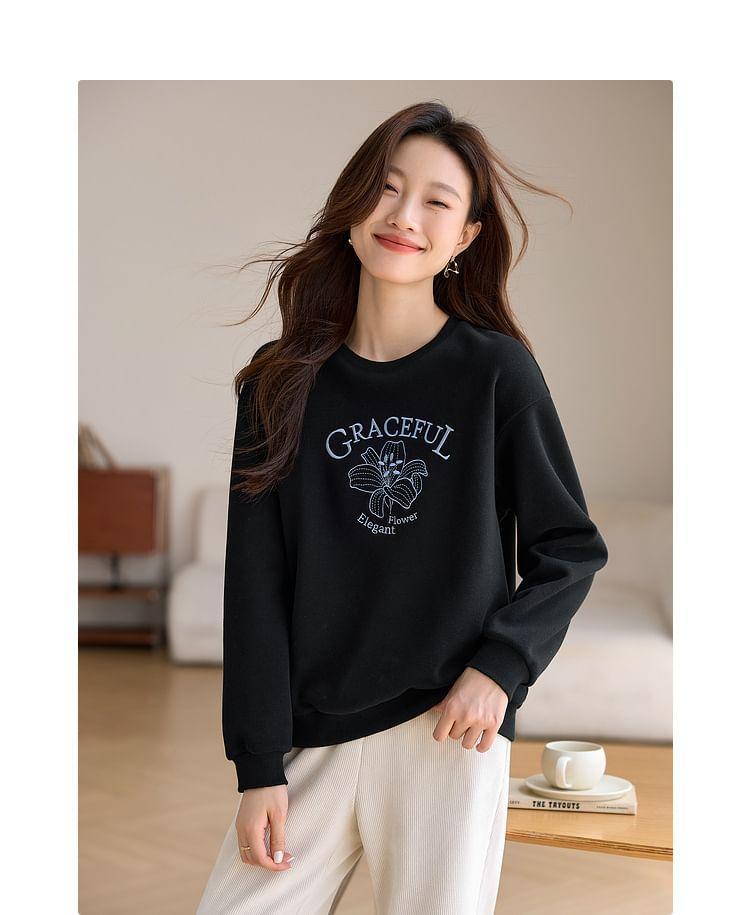 Round Neck Lily Lettering Embroidered Fleece-Lined Pullover Product Image