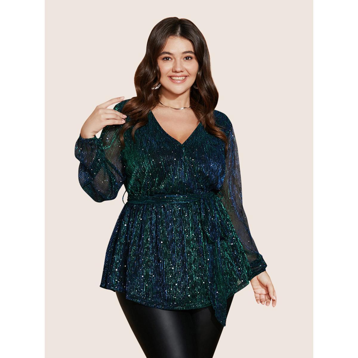Plus Size Black Sequin Mesh Lantern Sleeve Wrap Belted Striped Blouse Women Party&Cocktail Long Sleeve Overlap Collar Party Blouses BloomChic 28/5X Product Image