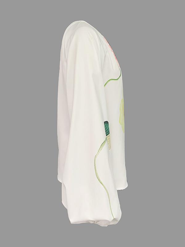 Long Sleeves Loose Elasticity Flower Print Pleated Round-neck Blouses&shirts Tops Product Image