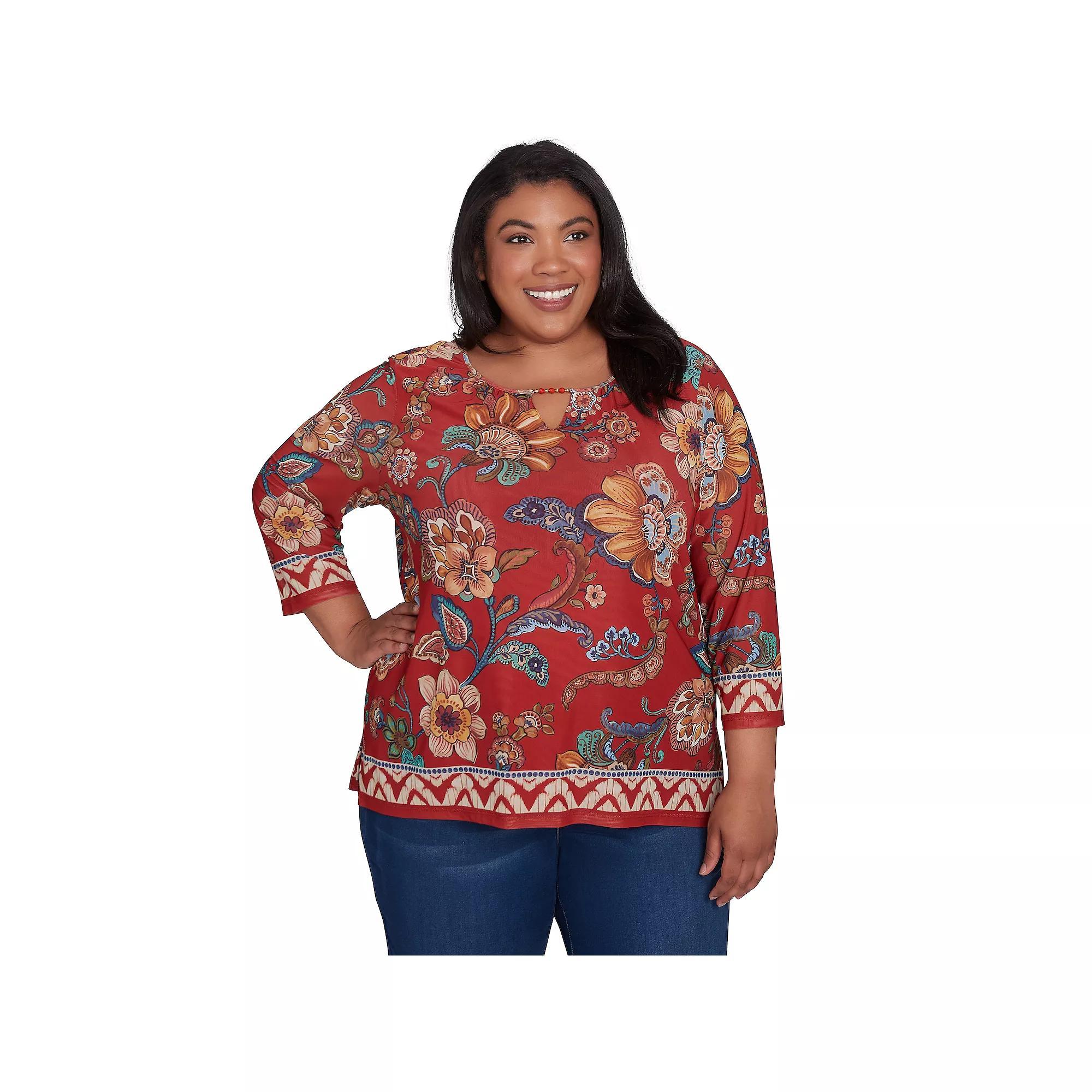 Plus Size Alfred Dunner Floral Border Mesh Split Neck Top, Women's, Size: 1XL Product Image