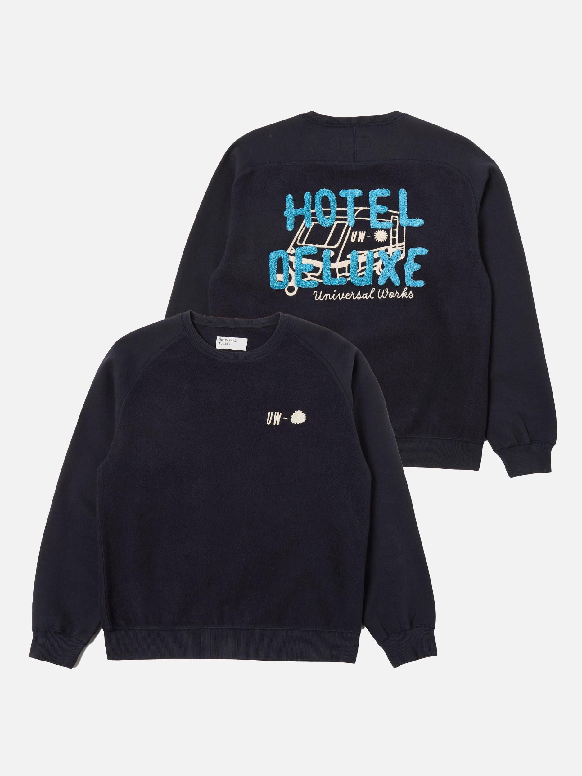 Universal Works Crew Sweat in Navy 'Hotel Deluxe' Embroidered Brush Back Product Image