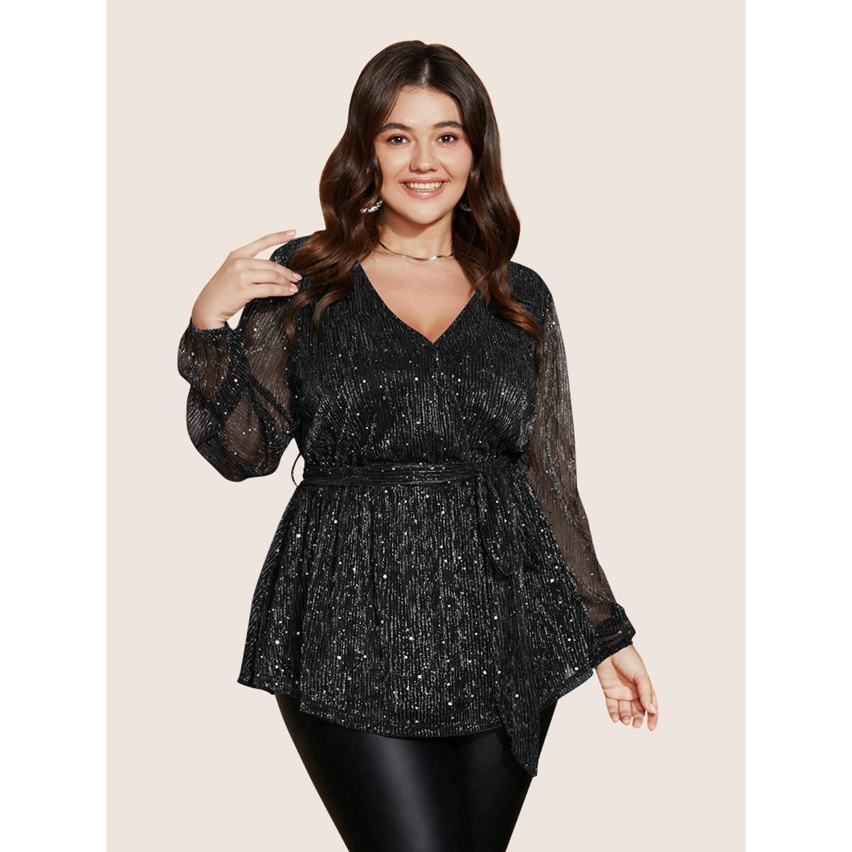 Plus Size Black Sequin Mesh Lantern Sleeve Wrap Belted Striped Blouse Women Party&Cocktail Long Sleeve Overlap Collar Party Blouses BloomChic 28/5X Product Image