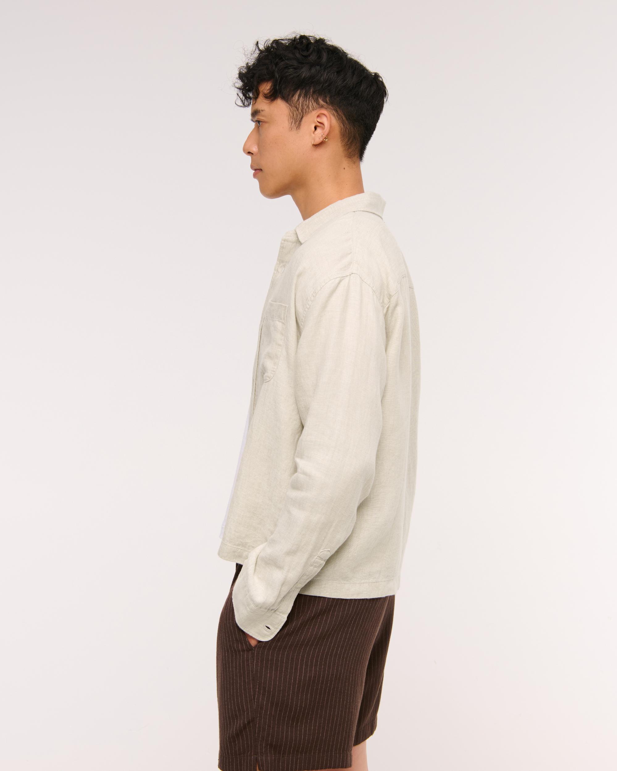 Cropped Linen Button-Up Shirt Product Image