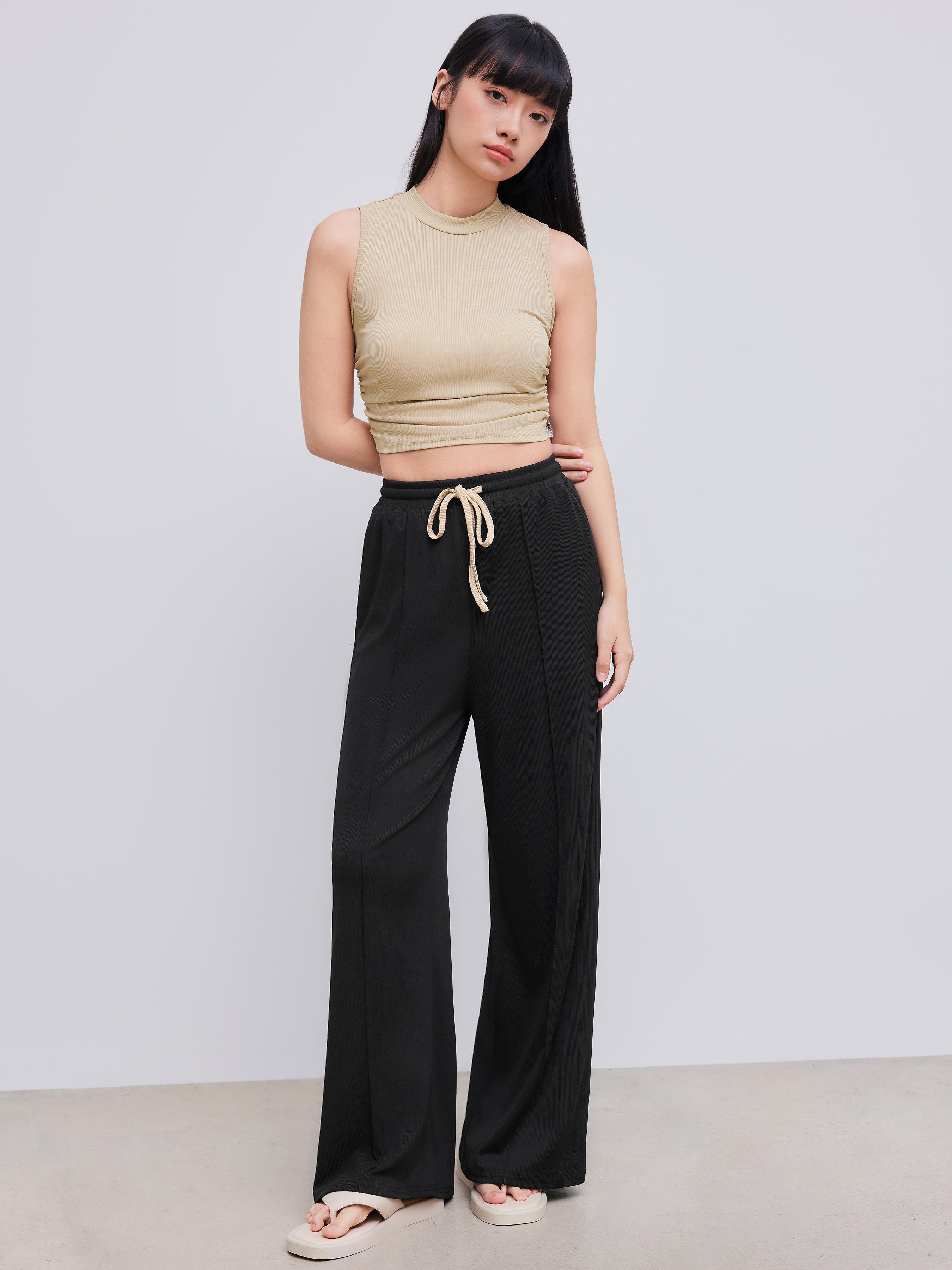 Ruched Tank Crop Top & Elastic Waist Knotted Trousers Set Product Image