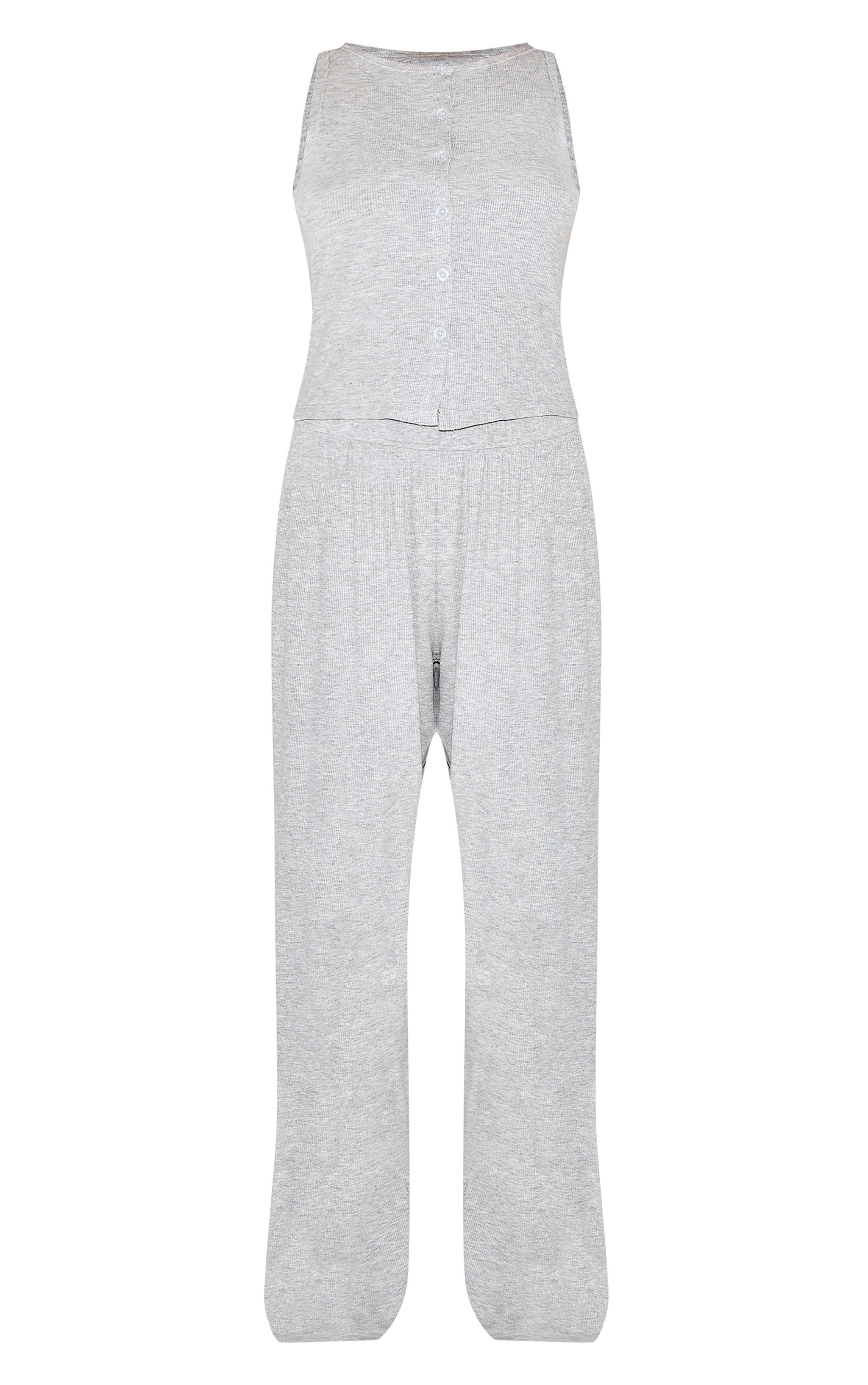 Grey Ribbed Button Vest Long Pj Set Product Image