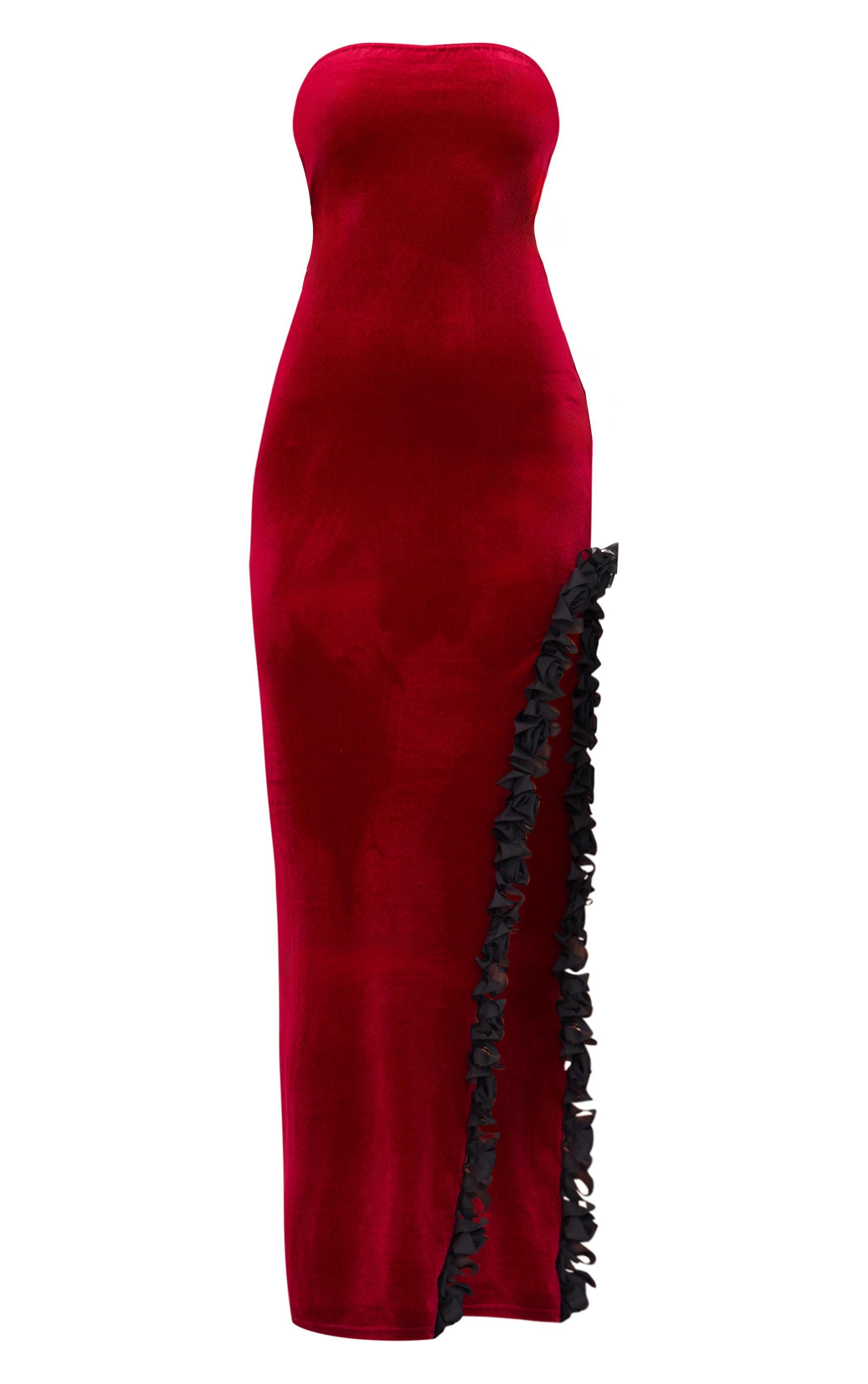 Cherry Red Velvet Bandeau Rose Detail Slit Midaxi Dresss Product Image