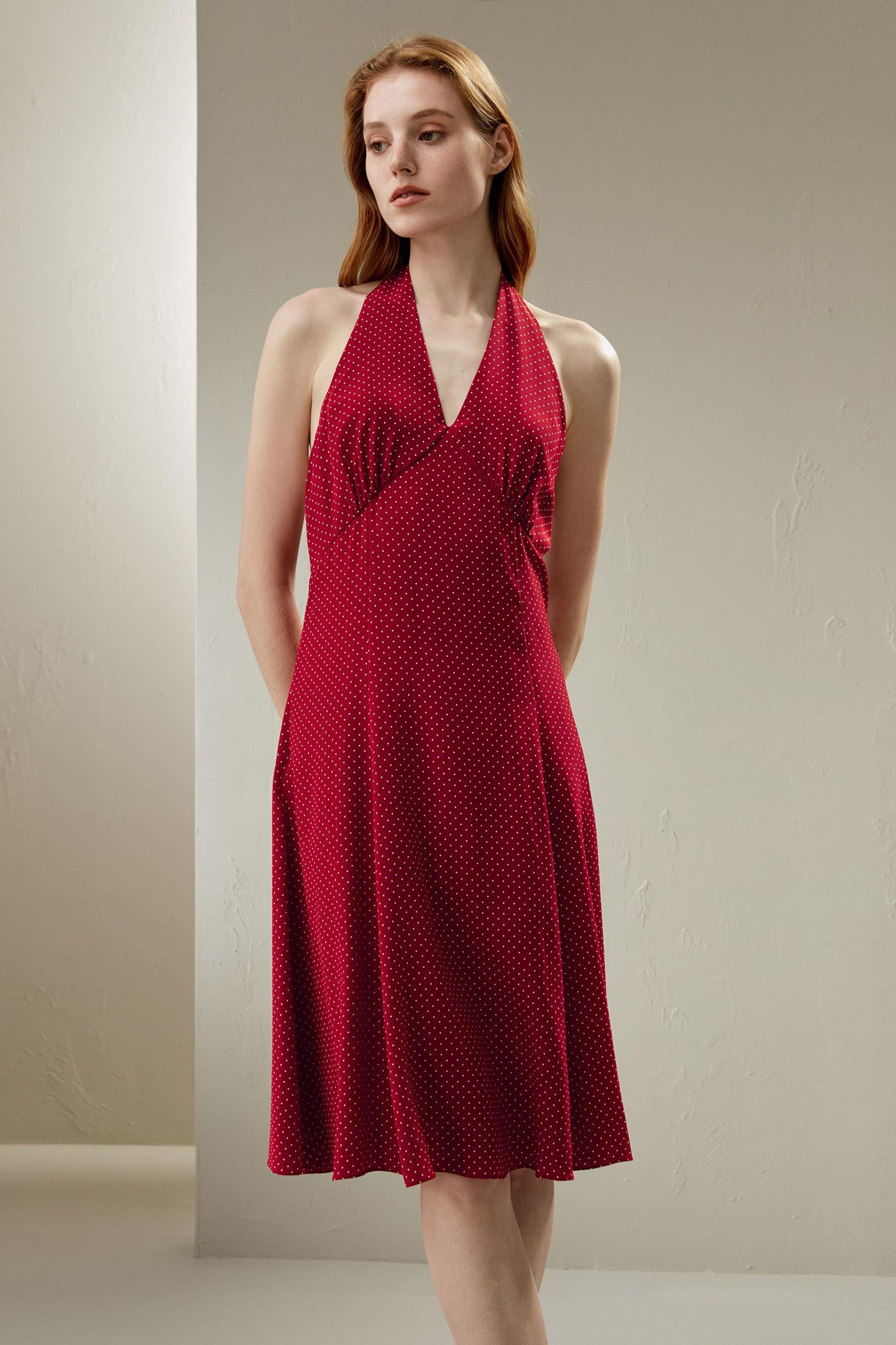 Polka Dot Halter Neck Silk Dress Product Image