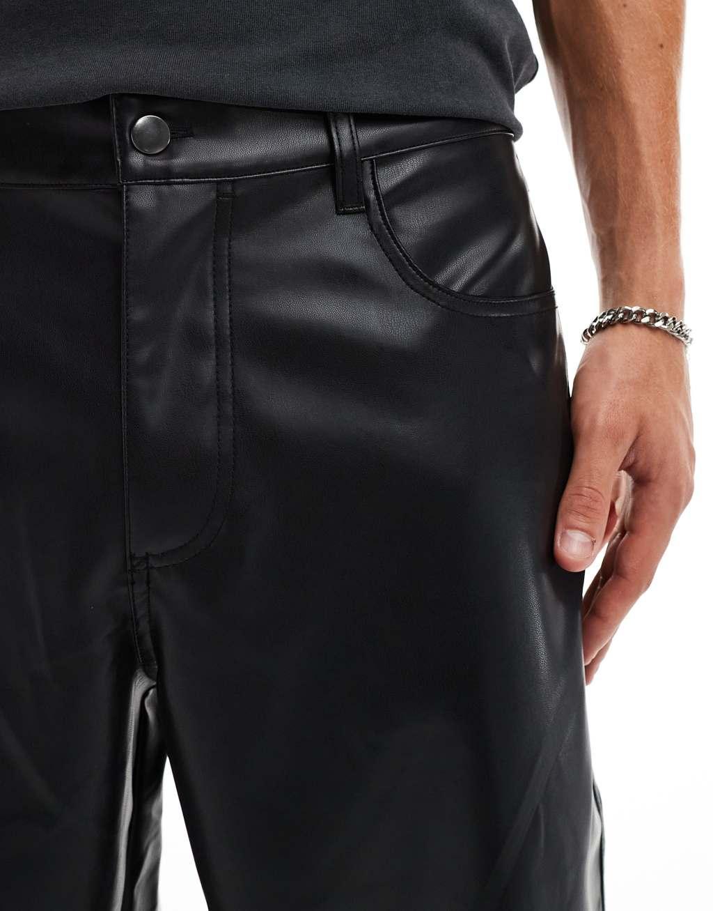 ASOS DESIGN baggy leather look pants in black Product Image