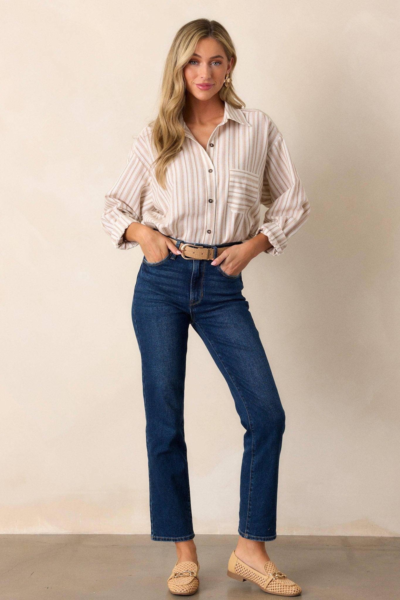 Boho Harmony Ivory Button Front Stripe Top Product Image