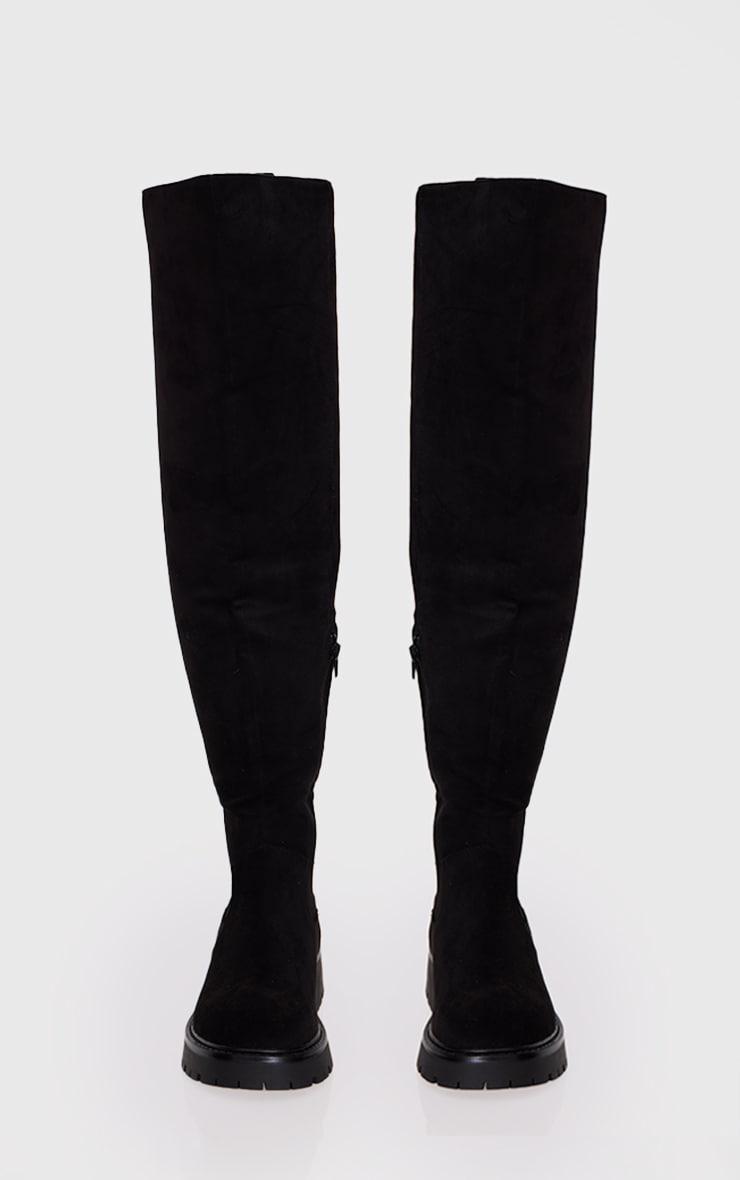 Wide Fit Black Faux Suede Round Toe Chunky Over The Knee Boots Product Image