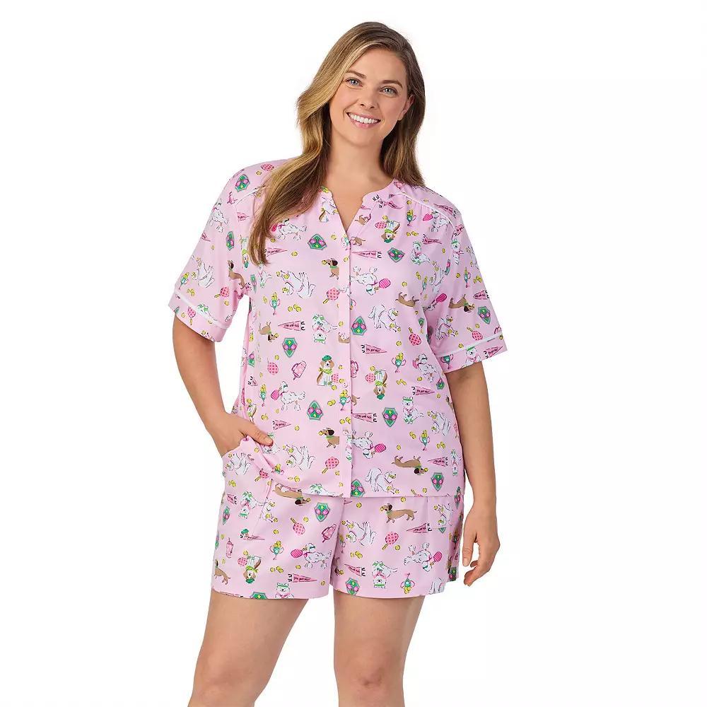 Plus Size Cuddl Duds® Short Sleeve Split Neck Pajama Top & Pajama Shorts Set, Women's, Size: 1XL, Pink Dogs Product Image