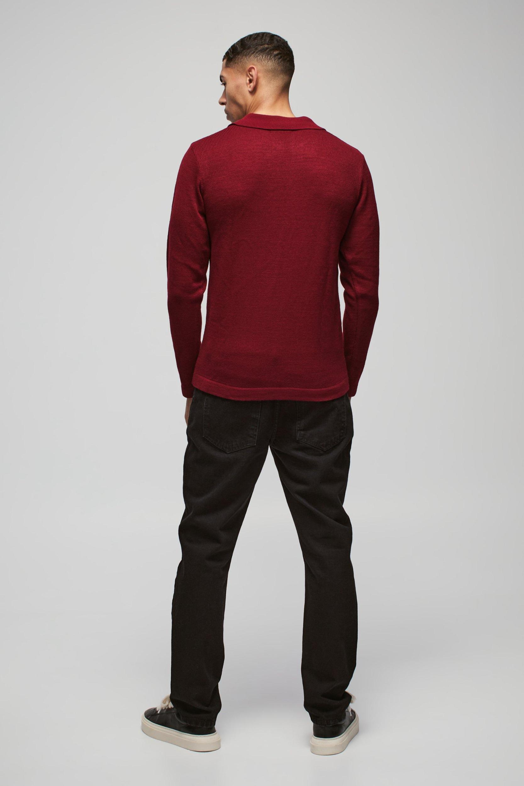 Regular Deep V Revere Collar Knitted Long Sleeve Polo | boohooMAN USA Product Image
