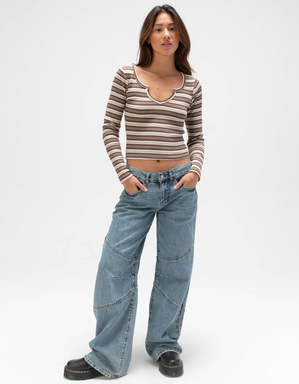 FULL TILT Notch Neck Stripe Womens Long Sleeve Rib Top - OLIVE Product Image