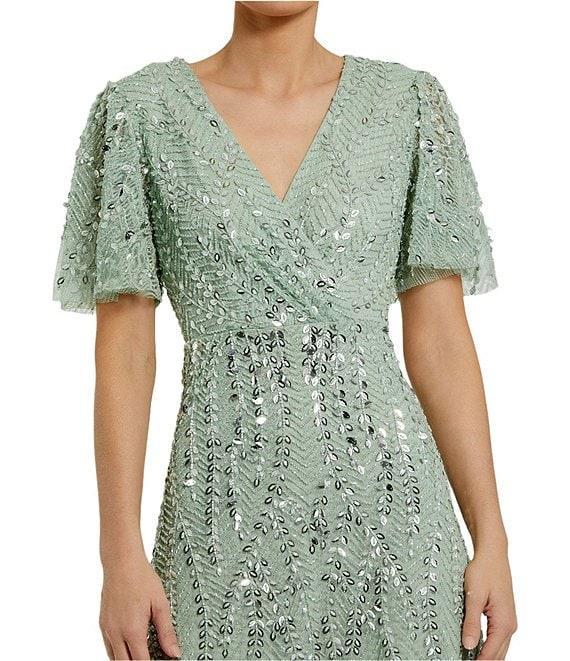 Mac Duggal Flutter Short Sleeve Surplice V-Neck Beaded Sheath Gown Product Image