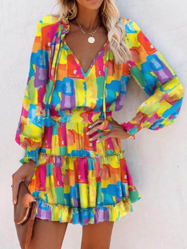 A-Line Long Sleeves Contrast Color Pleated Split-Joint Tied V-Neck Mini Dresses Product Image