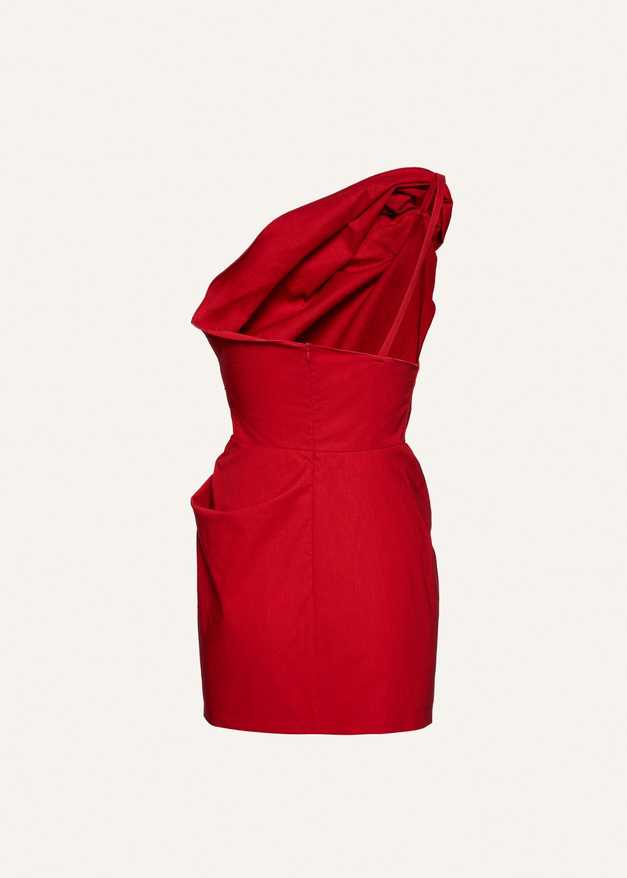 One shoulder ruched linen mini dress in red Product Image