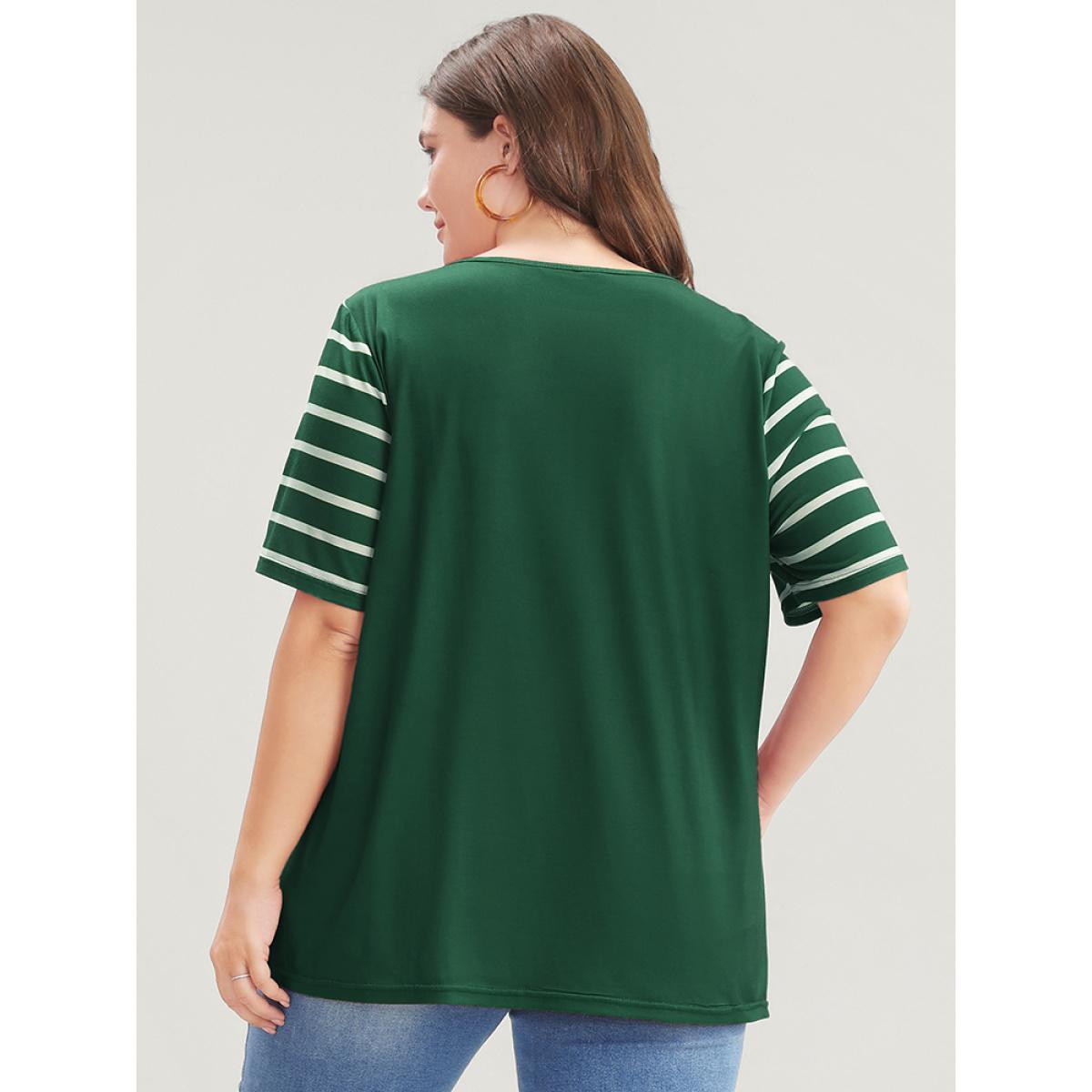 Plus Size Striped Contrast Round Neck T-shirt DarkGreen Women Casual Striped Round Neck Dailywear T-shirts BloomChic 28/5X Product Image