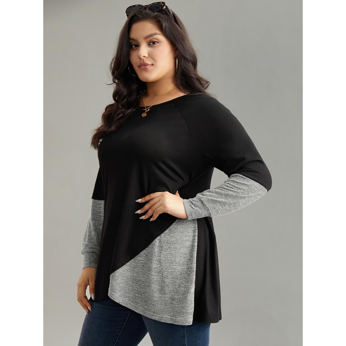 Plus Size Two Tone Patchwork Heather Arc Hem T-shirt Gray Women Casual Contrast Plain Round Neck Dailywear T-shirts BloomChic 28/5X Product Image