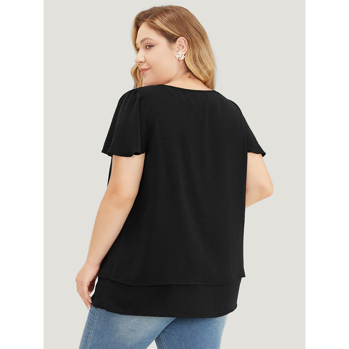 Plus Size Black Solid Flutter Sleeve Keyhole Layered Hem Blouse Women Office Short sleeve V-neck Work Blouses BloomChic 14-16/1X Product Image