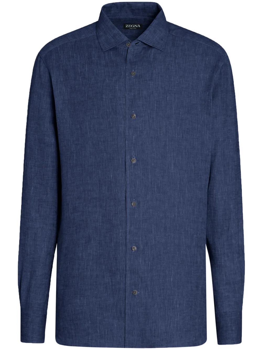 ZEGNA Solid Pure Linen Long Sleeve Shirt In Navy Blue Product Image