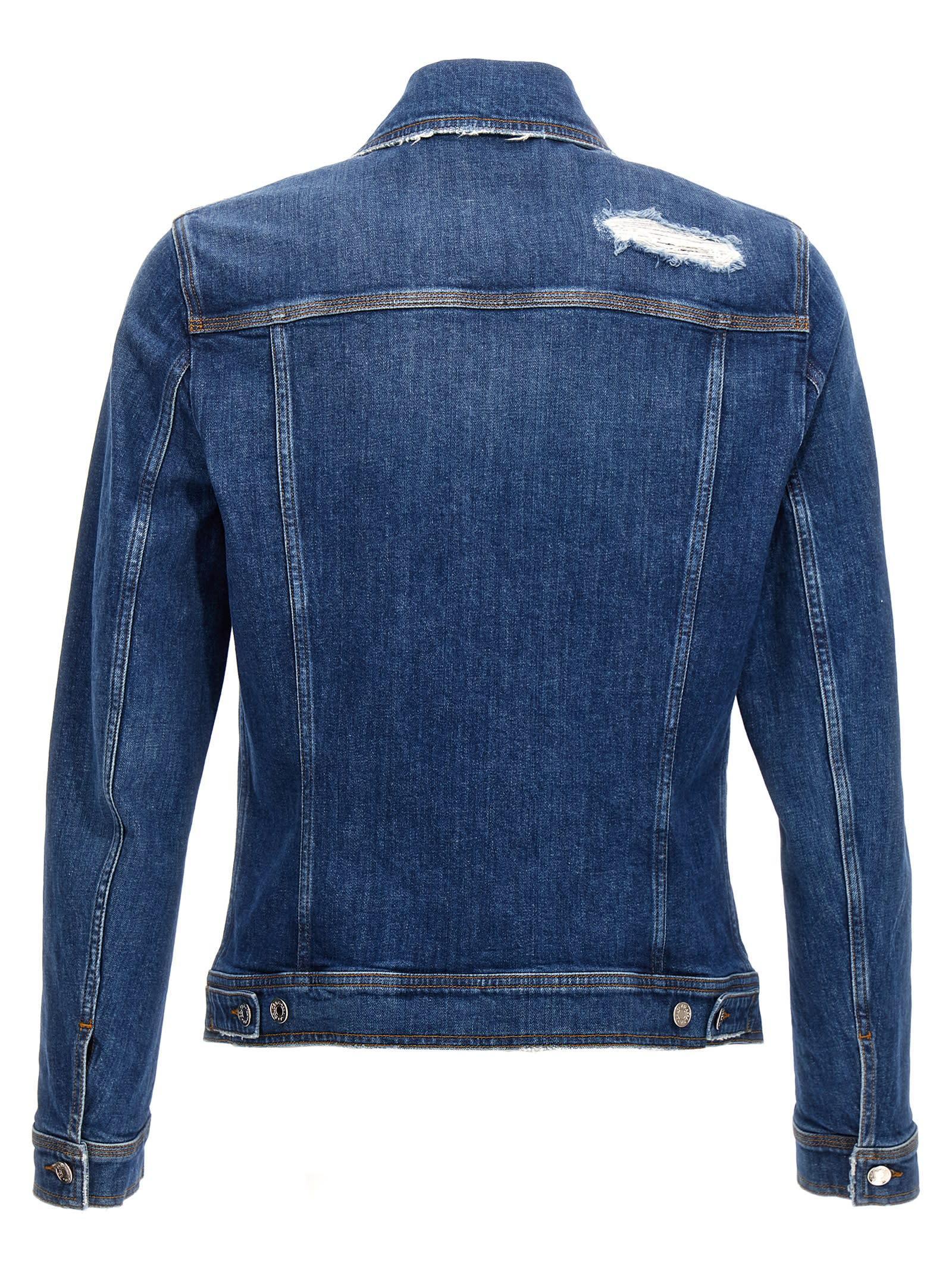 Distressed Stretch Cotton Denim Jacket In Blue Product Image