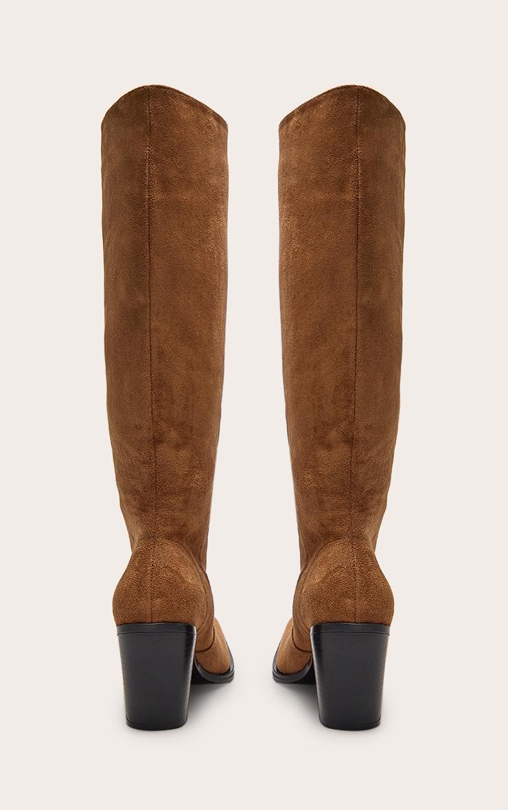 Tan Faux Suede Square Toe High Block Heel Knee High Boots Product Image