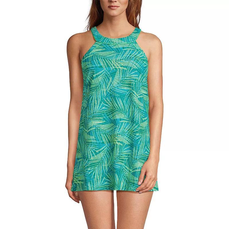 Womens Lands End UPF 50 High Neck One-Piece Swim Dress Blue Tossed Floral Product Image