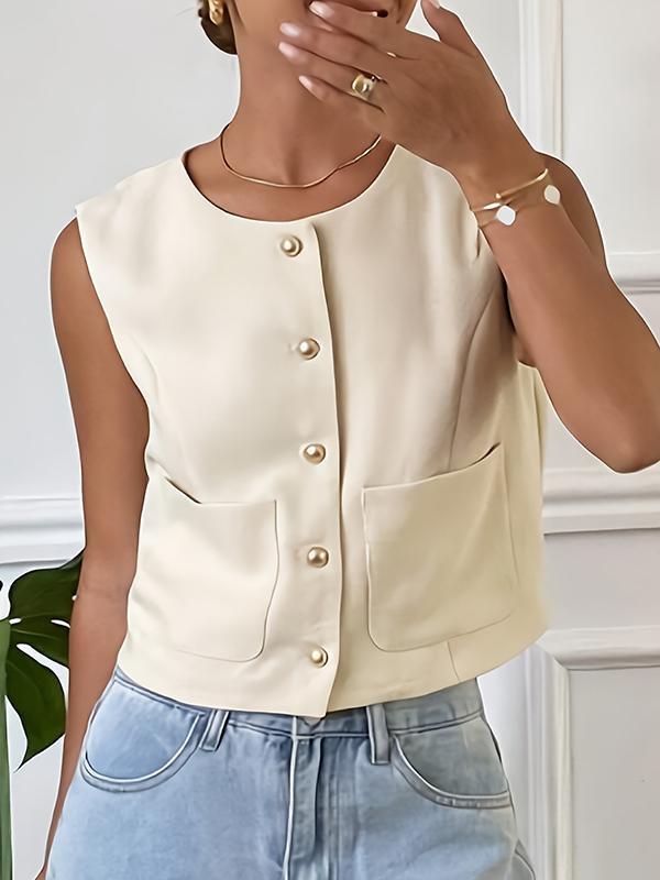 Loose Sleeveless Buttoned Pockets Split-Joint Round-Neck Vest Top Product Image