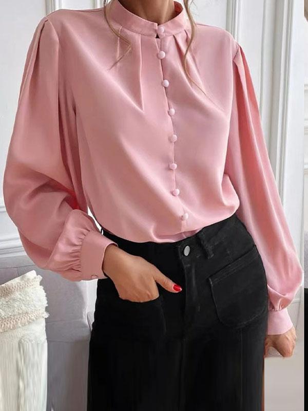 Loose Puff Sleeves Pleated Solid Color Split-Joint Stand Collar Blouses Product Image