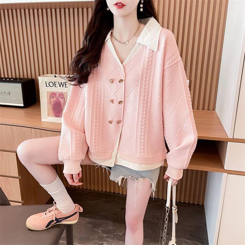 V-Neck Collared Mock Two-Piece Two Tone Jacquard Button-Up Jacket Product Image