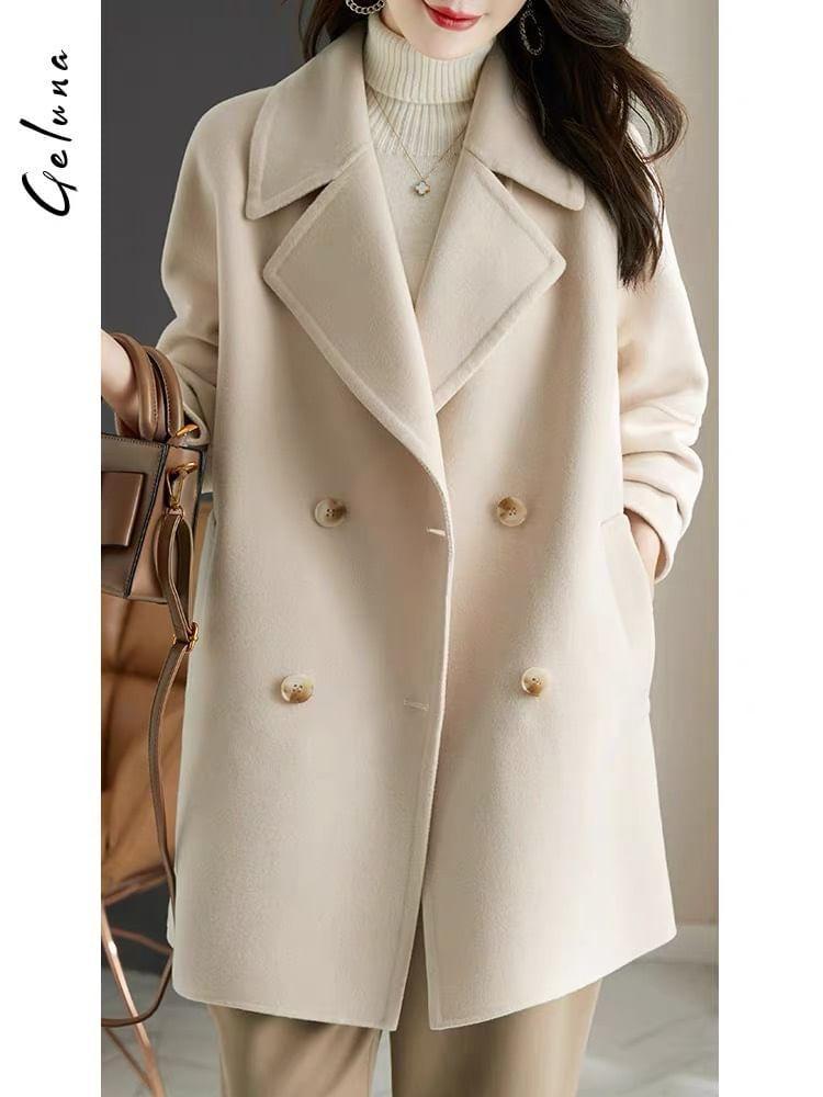 Lapel Collar Plain Double-Breasted Long Coat Product Image