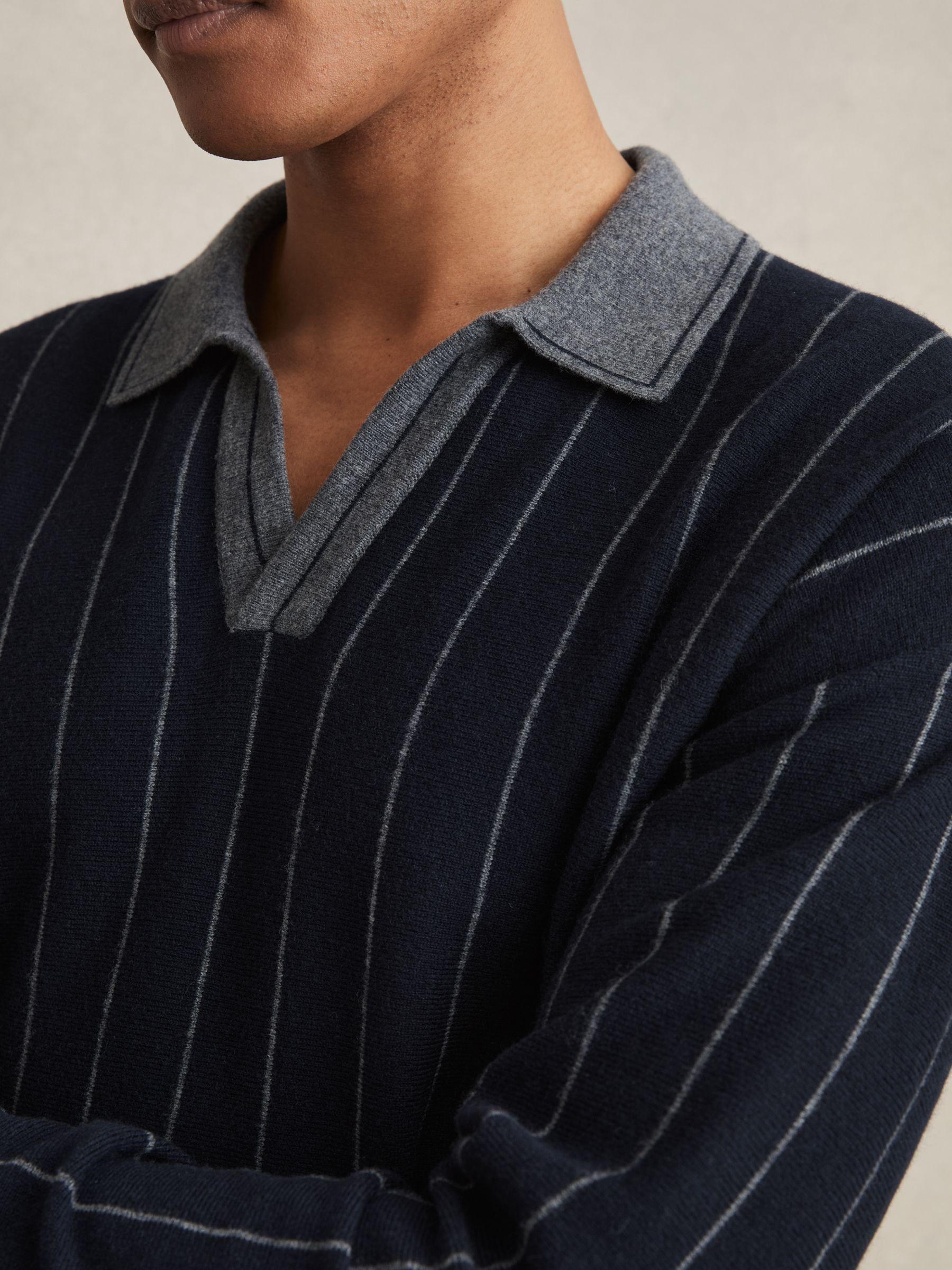 Wool Open-Collar Stripe Polo Shirt in Navy Product Image