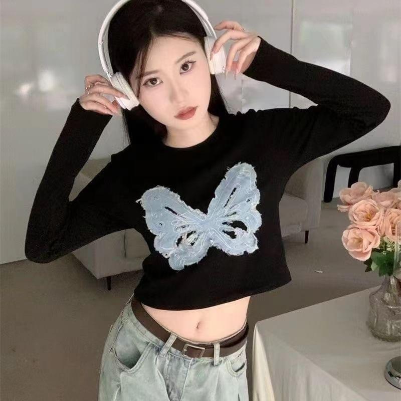 Long Sleeve Round Neck Denim Butterfly Applique Cropped T-Shirt Product Image