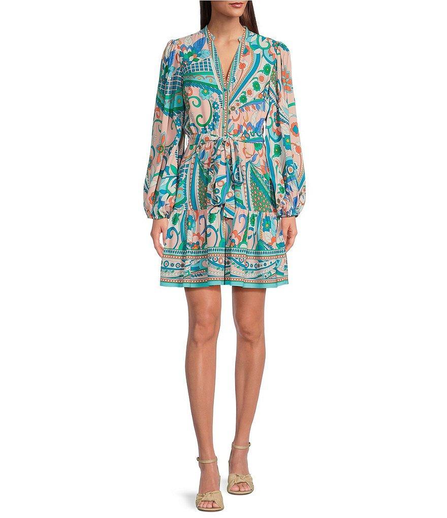 Adrianna by Adrianna Papell Abstract Printed Surplice V-Neck Long Sleeve Dress Product Image