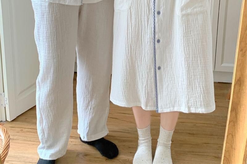 Couple Matching Long Sleeve Contrast Trim Button Pajama Top / Straight Leg Pants / Pajama Dress / Set (Various Designs) Product Image