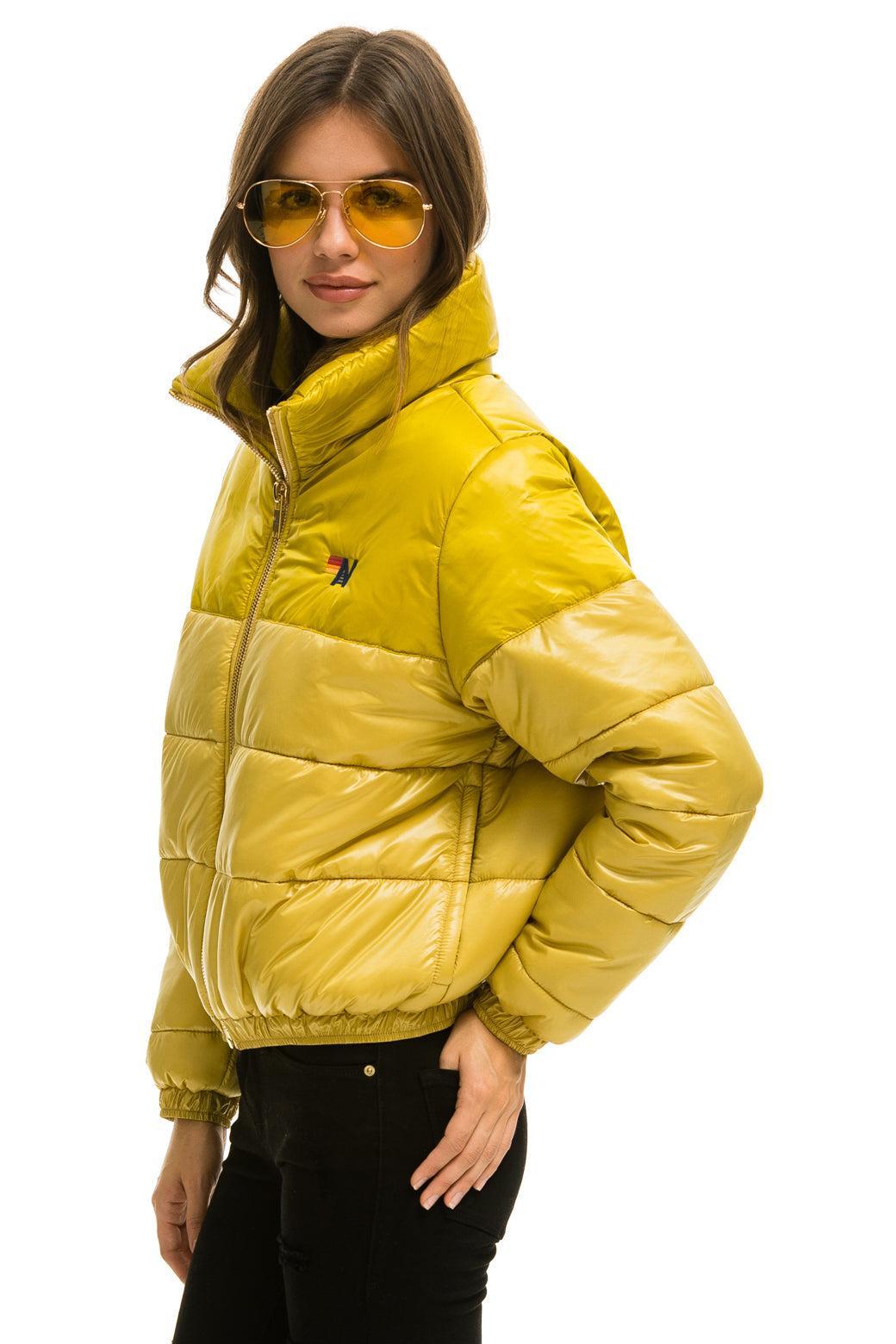 COLOR BLOCK HALF AND HALF APRES PUFFER JACKET - HONEY GLOSSY Female Product Image