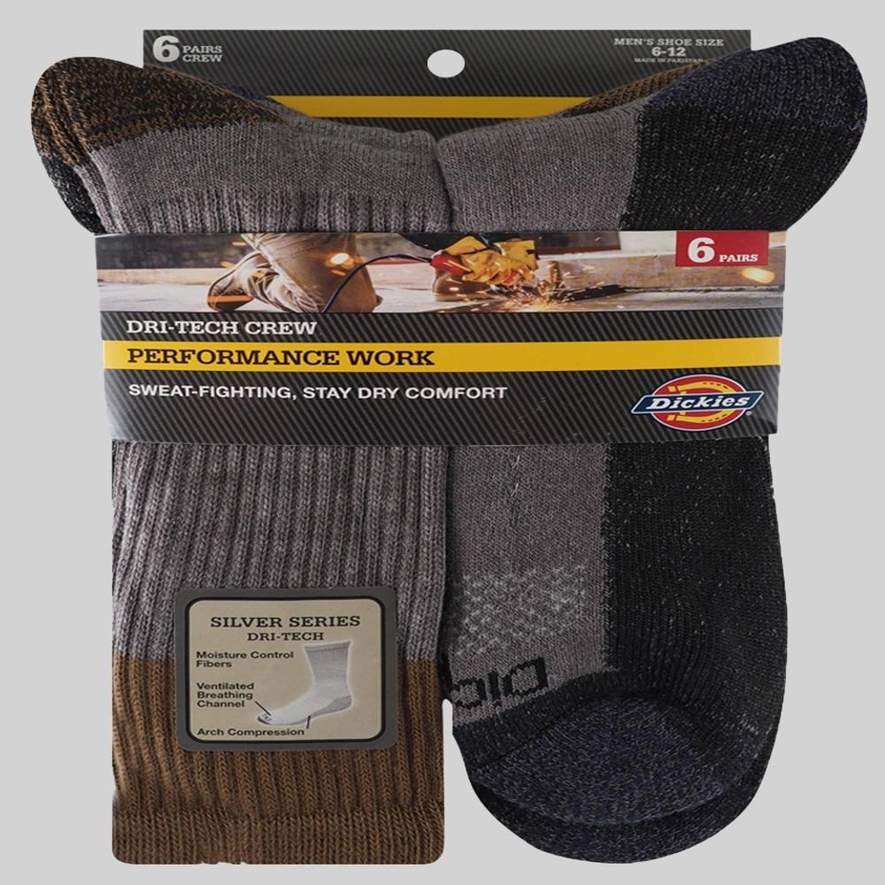 Dickies Mens 6pk Dri-Tech Moisture Control Crew Socks - Gray 6-12 Product Image